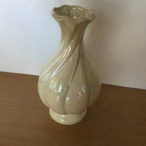 Vintage provincial mold lusterware white ceramic vase twisted signed TU 10"
